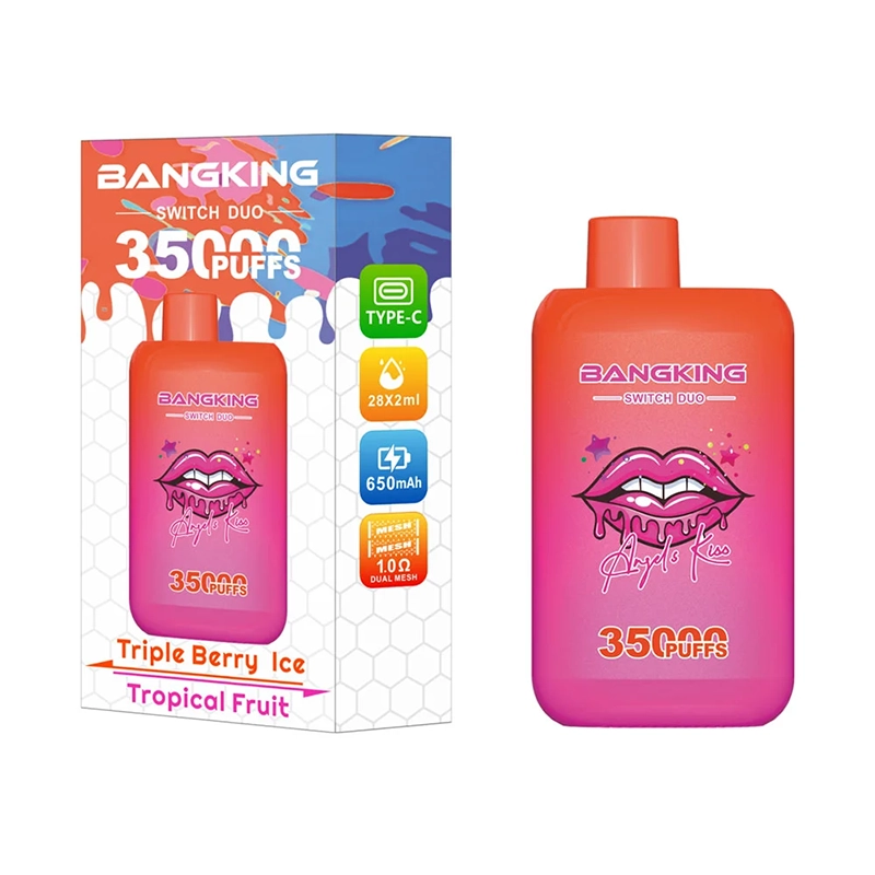 Bang King Switch Duo 35000 Puffs 2-i-1 Vape Engros 13 Vibrant BangKing Switch Duo vape packaging showing 'Triple Berry Ice' and 'Tropical Fruit' flavors, with 35000 puffs capability, 650mAh battery, and Type-C charging.