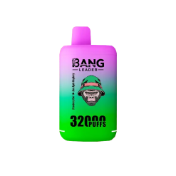 Bang Leader 32000 Puffs vape-enhet med en livlig rosa till grön gradientdesign, som tydligt visar smakerna Strawberry Kiwi, Sour Apple och Raspberry.