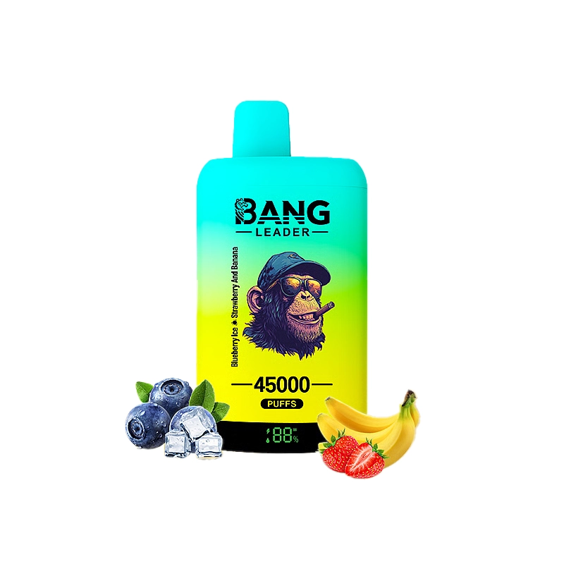 Bang Leader 45K Puffs Engangsdamp Engros 2 Bang Leader vape med en kapacitet på 45.000 pust med smag af blåbæris og jordbærbanan; levende visuelt med abelogo og frugtillustrationer.
