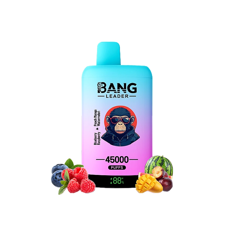 Bang Leader 45K Puffs Engangs Vape Engros 13 Bang Leader vape-enhed med 45000 pust med smag af blåbær, hindbær, fersken, mango og vandmelon, vist sammen med levende frugtbilleder.