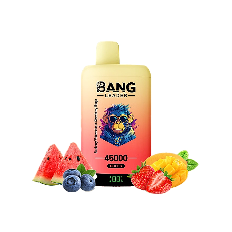 Bang Leader 45K Puffs Engangs Vape Engros 12 Bang Leader vape-enhed med 45000 pust med smag af blåbær, vandmelon, jordbær og mango. Designet omfatter en illustration af en sej abe med solbriller.