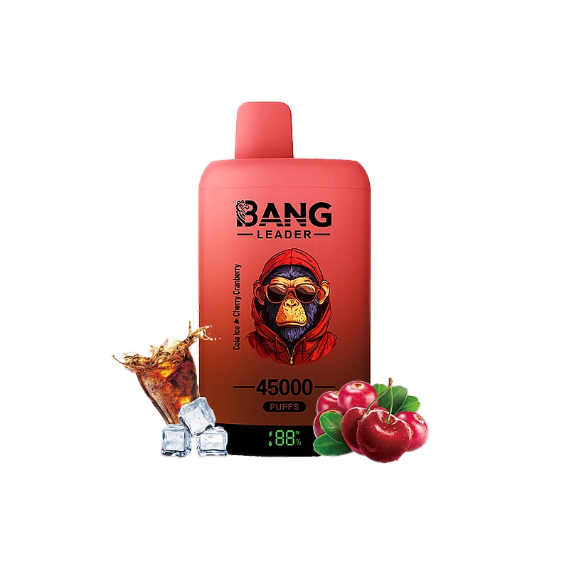Bang Leader 45K Puffs Engangs Vape Engros 11 Bang Leader vape-enhed med 45.000 pust i Cola Ice Cherry Cranberry-smag, prydet med en fed gorilla-illustration, omgivet af isterninger, cola og kirsebær.