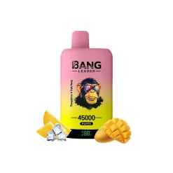 Bang Leader 45K Puffs Engangs Vape Engros 23 Bang Leader vape med 45.000 pust med smagsvarianterne Pineapple Ice og Triple Mango, prydet med en cool abegrafik med solbriller.