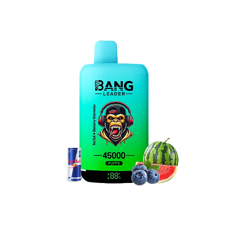 Bang Leader 45K Puffs Engangs Vape Engros 9 Bang Leader vape-enhed med 45.000 pust med billeder af Red Bull, blåbær og vandmelon, fremhævet af en gorilla med hovedtelefoner.