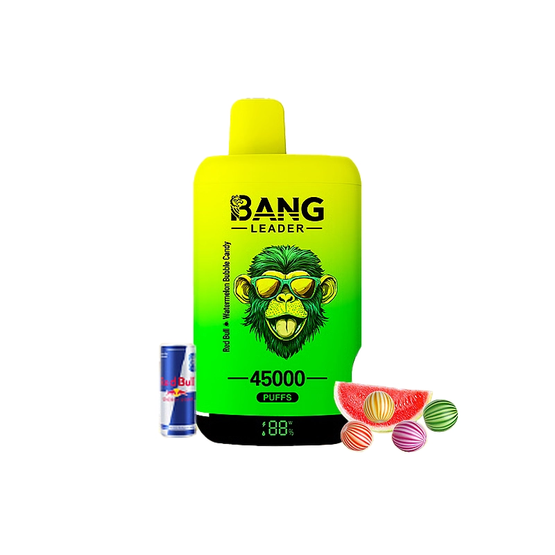 Bang Leader 45K Puffs Engangs Vape Engros 8 Lysegrøn Bang Leader-vape med abegrafik, 45000 pust og Red Bull Watermelon Bubble Candy-tekst, omgivet af en Red Bull-dåse, en vandmelonskive og farverige bobleslik.