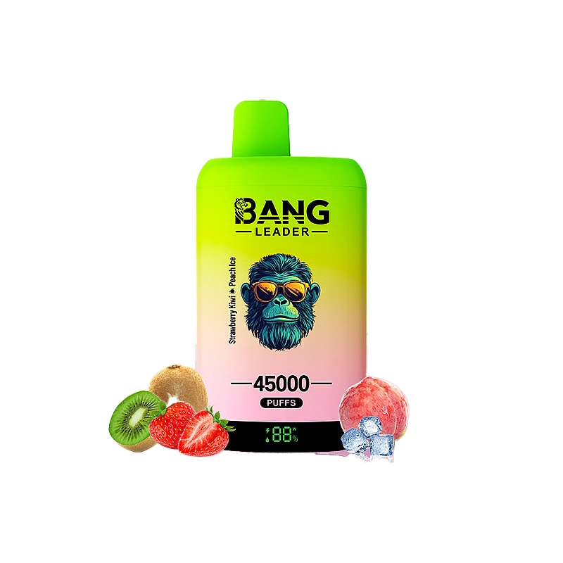 Bang Leader 45K Puffs Engangs Vape Engros 7 Bang Leader vape pen med Strawberry Kiwi Peach Ice-smag med 45.000 pust og levende gorillagrafik.