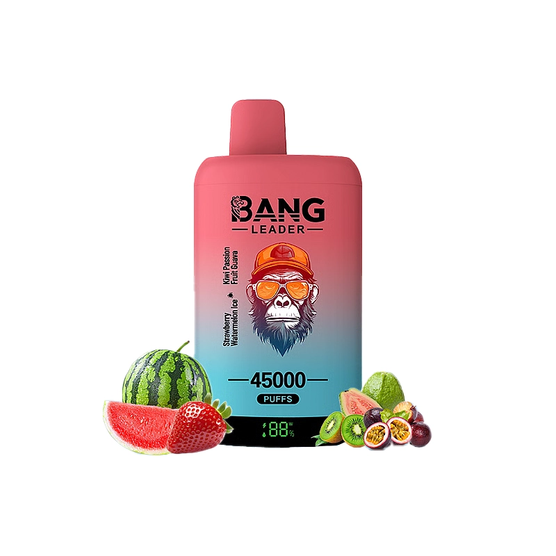 Bang Leader 45K Puffs Engangs Vape Engros 5 Bang Leader vape med smag af jordbær, vandmelon, kiwi, passionsfrugt og guava, der giver op til 45000 pust.