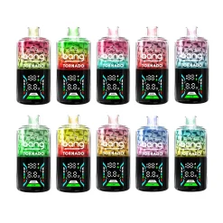 Linia dziesięciu jednorazowych waporyzatorów Bang Tornado 40000, prezentujących kolorowe, geometryczne wzory i wyświetlacze LED z wysokimi i niskimi ustawieniami.