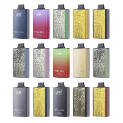 Różnorodne waporyzatory JNR Mega Box o pojemności 25000 zaciągnięć, dostępne w kolorach takich jak niebieski, czerwony i zielony, ze skomplikowanymi ozdobnymi wzorami na powierzchni.