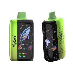 Vapsolo Master 70000 Puffs Jednorazowe Vape Hurtownia 17 Widok z przodu i z tyłu vape Vapsolo Master 70K z żywym motywem oceanu z ilustracjami wielorybów i meduz; oznaczone