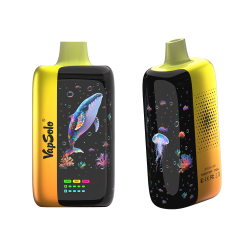 Vapsolo Master 70000 Puffs Jednorazowe Vape Hurtownia 16 Wibrujący vape Vapsolo Master 70K Lemon Lime prezentuje kolorowy motyw morski z wielorybem, meduzą i koralowcem, podkreślony marką Vapsolo.