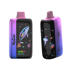 Vapsolo Master 70000 Puffs Jednorazowe Vape Hurtownia 14 VapSolo Master 70K Peach Berry to vape z kolorowym wzorem wieloryba i meduzy na czarnym tle, któremu towarzyszy
