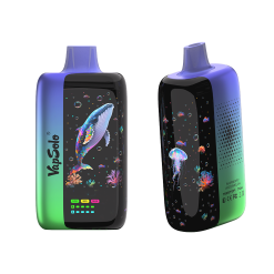 Vapsolo Master 70000 Puffs Jednorazowe Vape Hurtownia 13 Dwa jednorazowe e-papierosy Vapsolo Master 70K z kolorowym morskim wzorem przedstawiającym wieloryba i meduzę. Tekst brandingowy
