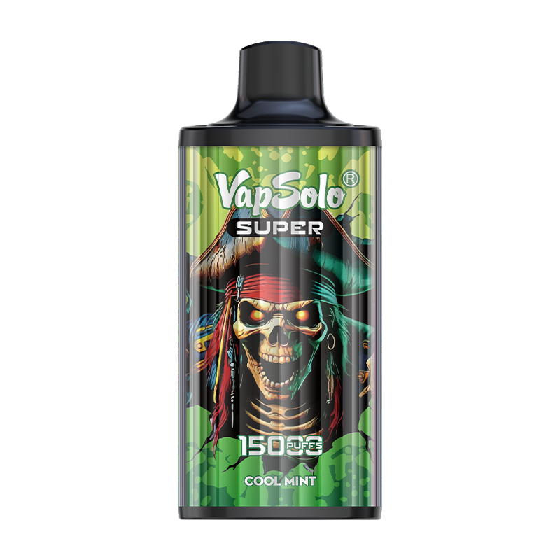 Best Disposable Vapes 2026 — The Perfect Choice for Beginners 3 Vapsolo Super 15000 puff disposable vape featuring a pirate-themed skull design on green background with "Cool Mint" branding.