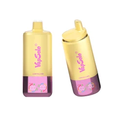 Vapsolo Triple Pro 60000 Puffs Vape descartável 23 Dois dispositivos vape de lima-limão Vapsolo Triple 60000 com corpos amarelos e roxos vibrantes que exibem o logótipo Vapsolo e o texto com sabor a lima-limão.