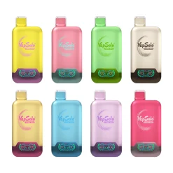 Zestaw ośmiu waporyzatorów Vapsolo Twins Pro 50000 w żywych kolorach: żółtym, różowym, zielonym, beżowym, niebieskim, fioletowym, złotym i czerwonym, z których każdy charakteryzuje się eleganckim wyglądem i widocznym brandingiem.