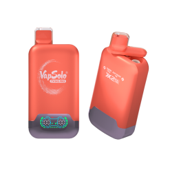 Vapsolo Twins Pro 50000 Puffs Wegwerp Vape Groothandel 25 Vapsolo Twins Pro 50000 dual-tank vape met Cherry Cola en Juicy Peach Ice smaaktekst, met merklogo en LED-indicatoren.