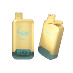Vapsolo Twins Pro 50000 Puffs Wegwerp Vape Groothandel 40 Twee gele VapSolo Twins Pro vape apparaten met een strak design en verlichte branding, die de smaken benadrukken: ananas kokos aardbei banaan.