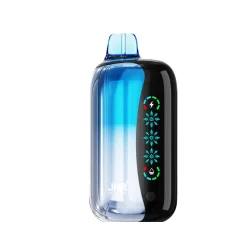 JNR Flex Ice 21000 Puffs Vape Desechable al por mayor 14 Dispositivo JNR Flex Ice 21000 en azul, con gráficos de explosión de cereza e indicadores LED en su elegante superficie negra.