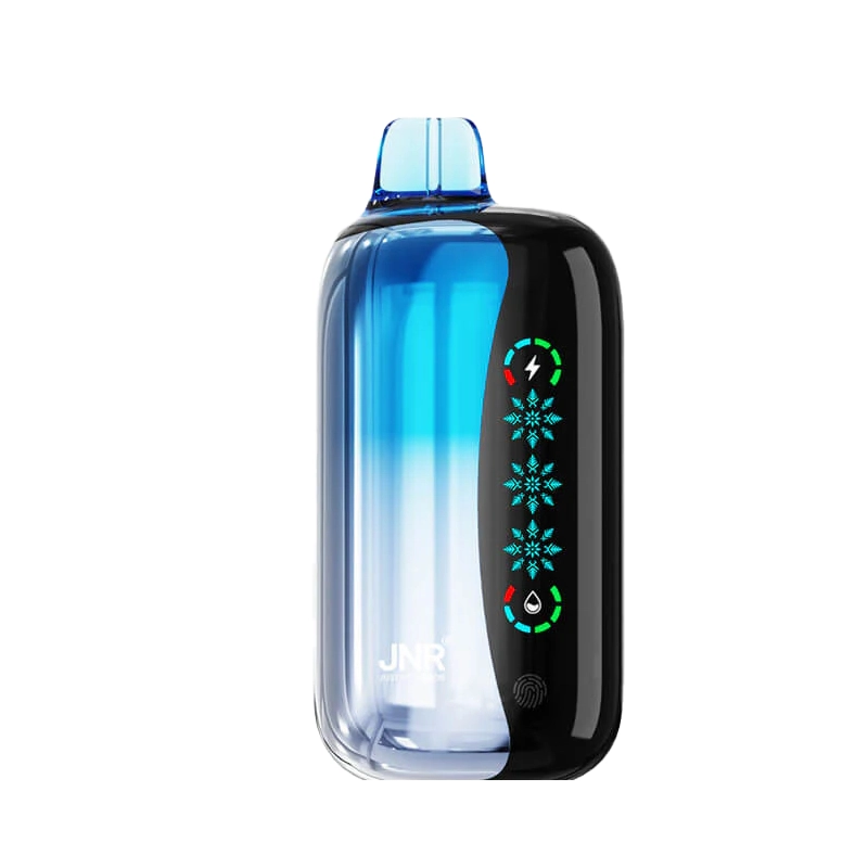 JNR Flex Ice 21000 Puffs Vape Desechable al por mayor 6 Dispositivo JNR Flex Ice 21000 en azul, con gráficos de explosión de cereza e indicadores LED en su elegante superficie negra.