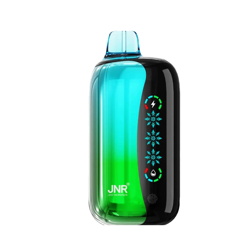 JNR Flex Ice 21000 Puffs Vape desechable al por mayor 4 Dispositivo de vapeo de la marca JNR con un diseño degradado en verde y azul para el sabor Double Apple, con indicadores luminosos e impresión de la marca "JUST NO REASON"."