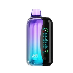 JNR Flex Ice 21000 Puffs Vape Desechable Mayorista 11 El vapeador JNR Flex Ice 21000 presenta un diseño elegante con tonos morados y azules degradados, que muestran iconos de potencia y refrigeración.