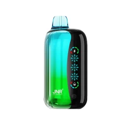 JNR Flex Ice 21000 Puffs Vape Desechable al por mayor 16 Dispositivo de vapeo JNR Flex Ice 21000 con sabor a fresa y kiwi, con gradiente azul verdoso, pantalla digital y marca visible.