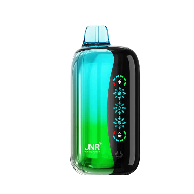 JNR Flex Ice 21000 Puffs Vape Desechable al por mayor 8 Dispositivo de vapeo JNR Flex Ice 21000 con sabor a fresa y kiwi, con gradiente azul verdoso, pantalla digital y marca visible.