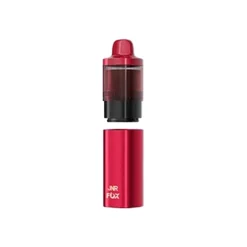 Kit da svapo preriempito JNR Fox 10K rosso al gusto 'Juicy Peach', con parti staccabili e marchio visibile.