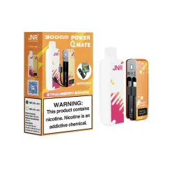JNR Power Mate 30000 Vaping-Gerät mit Erdbeer-Bananen-Geschmack; verfügt über 5000mAh Akku-Kapazität, sichtbare Warnung Etikett, und bunte Verpackung.