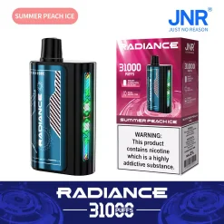 JNR Radiance 31000 Puffs E-Zigarette in der Geschmacksrichtung Summer Peach Ice mit intelligentem Animationsbildschirm und Dual-Mesh-Spule, zusammen mit der Markenverpackung, die eine Nikotinwarnung enthält.