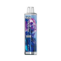 Uwin CRYSTAL 10000 Puffs Vape Wholesale 56 Uwin CRYSTAL 10000 Mr Blue vape con un design elegante caratterizzato da una vivace grafica digitale blu e rosa.