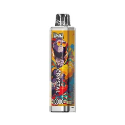 Uwin CRYSTAL 10000 soffi Vape Wholesale 50 Penna Uwin CRYSTAL 10000 con grafica colorata di una scimmia con gli occhiali da sole e testo in grassetto che evidenzia il gusto Strawberry Banana.