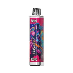 Uwin CRYSTAL 10000 soffi Vape Wholesale 49 Dispositivo da svapo Uwin CRYSTAL 10000 con una vivace grafica di una scimmia circondata da disegni astratti colorati, con etichette di aromi: Fragola, Mirtillo rosso, Ciliegia.