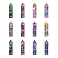 Várias canetas para narguilé Uwin Shisha Hookah com designs vibrantes, sabores que incluem morango kiwi, melancia, lichia de morango e muito mais, cada uma oferecendo 20.000 baforadas.