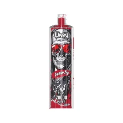 Uwin Shisha Hookah Crystal 20000 Puffs Vape Groothandel 16 Uwin Shisha Hookah vape met Cherry Ice smaak, met vet doodshoofd ontwerp, zonnebril en 20000 puffs label.