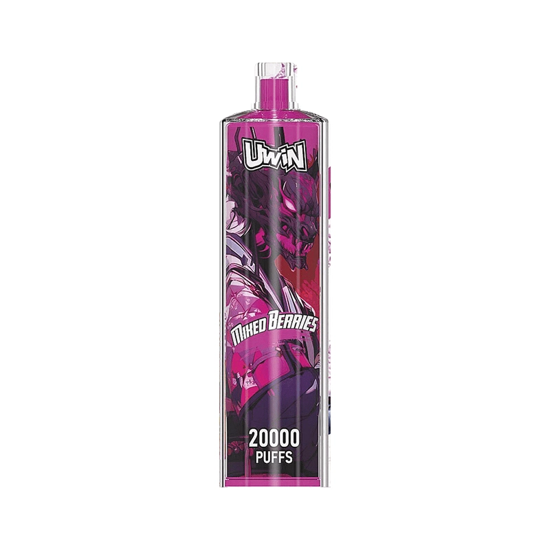 Uwin Shisha Hookah Kristal 20000 Puffs Vape Groothandel 11 Uwin shisha waterpijp met 20.000 trekjes van de smaak gemengde bessen, met een levendige paarse verpakking en een dynamisch grafisch ontwerp.