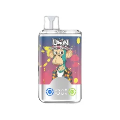 Uwin X RandM Twins Cristal 40K Puffs Vape Mayorista 31 Dispositivo de vapeo Uwin Crystal Twins 40K con ilustración estilo pop art de un mono colorido sobre un fondo vibrante, con sabores Blue Razz Ice y Dragon Fruit Ice.