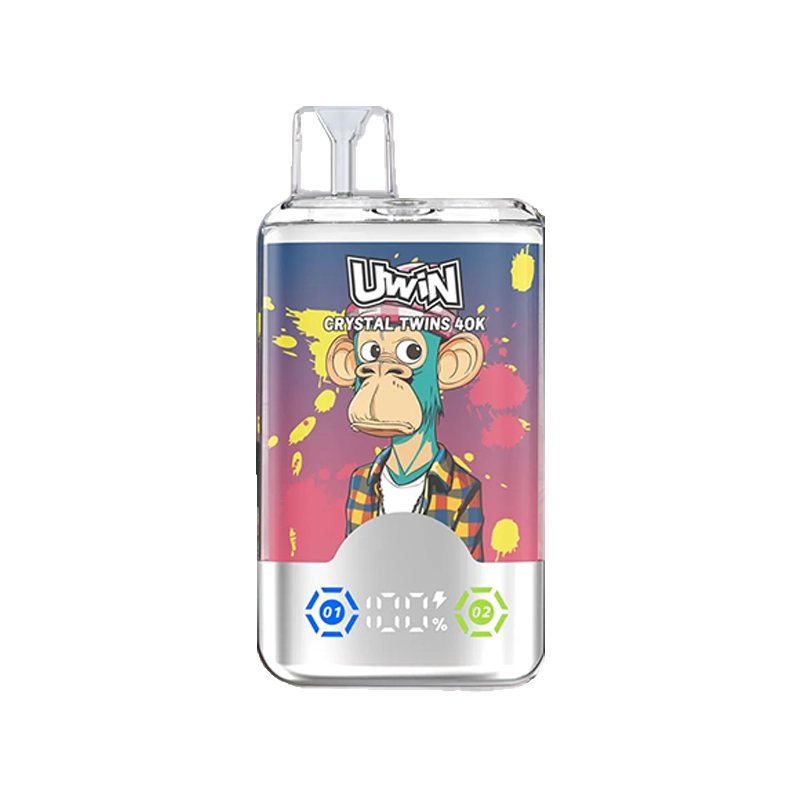 Uwin X RandM Twins Cristal 40K Puffs Vape Mayorista 15 Dispositivo de vapeo Uwin Crystal Twins 40K con ilustración estilo pop art de un mono colorido sobre un fondo vibrante, con sabores Blue Razz Ice y Dragon Fruit Ice.