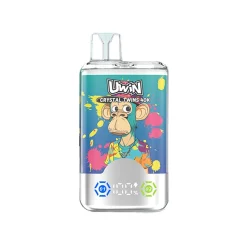Uwin X RandM Twins Cristal 40K Puffs Vape Mayorista 30 Cartucho para vapear Uwin Crystal Twins 40K con un vibrante gráfico de mono y salpicaduras de colores, con sabores Blueberry On Ice y Summer Peach Ice.