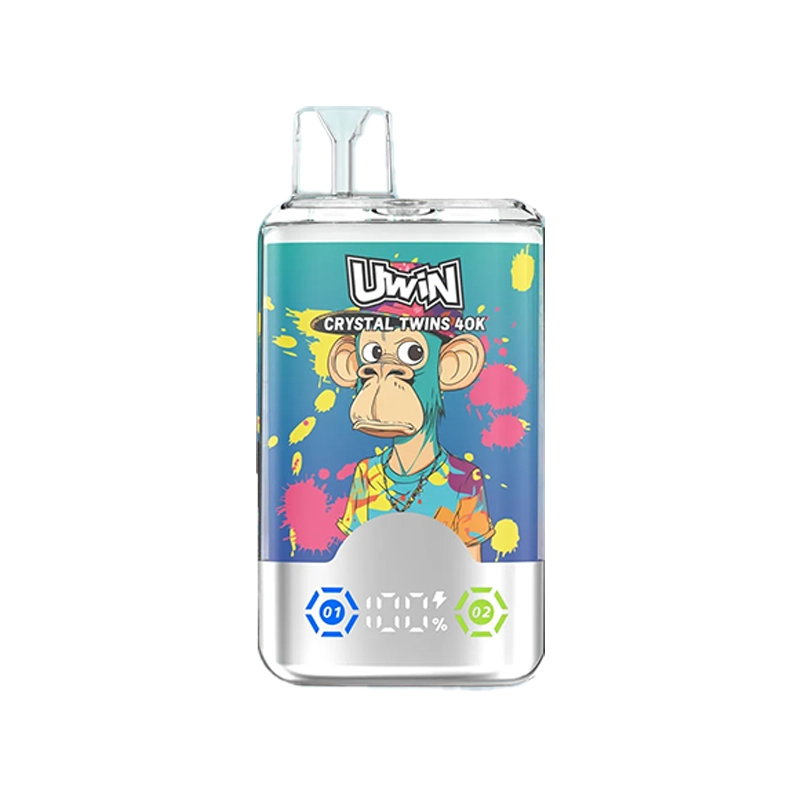 Uwin X RandM Twins Cristal 40K Puffs Vape Mayorista 14 Cartucho para vapear Uwin Crystal Twins 40K con un vibrante gráfico de mono y salpicaduras de colores, con sabores Blueberry On Ice y Summer Peach Ice.