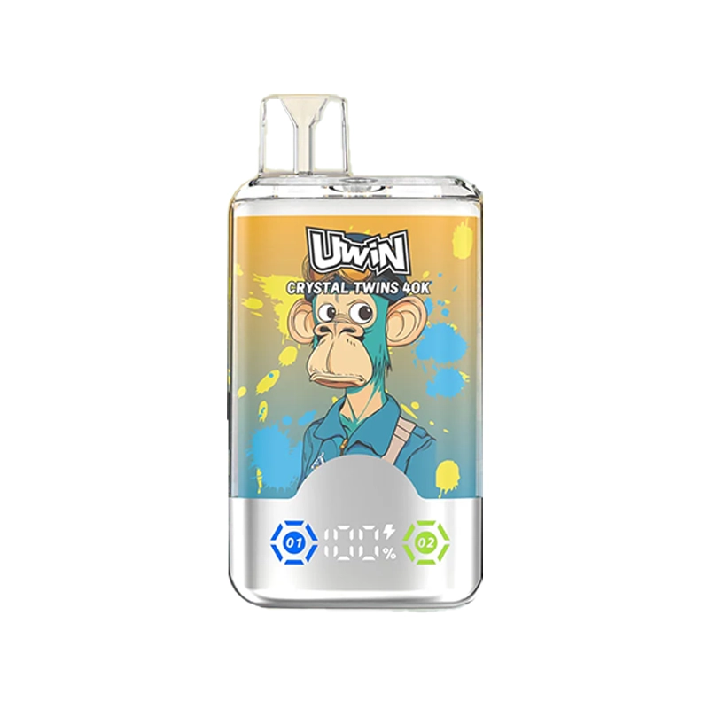 Uwin X RandM Twins Cristal 40K Puffs Vape Mayorista 13 Imagen del vape Uwin Crystal Twins 40K que presenta un diseño futurista con un colorido gráfico de monos y texto de la marca. El vape muestra vibrantes salpicaduras de azul, amarillo y naranja con detalles de sabor.
