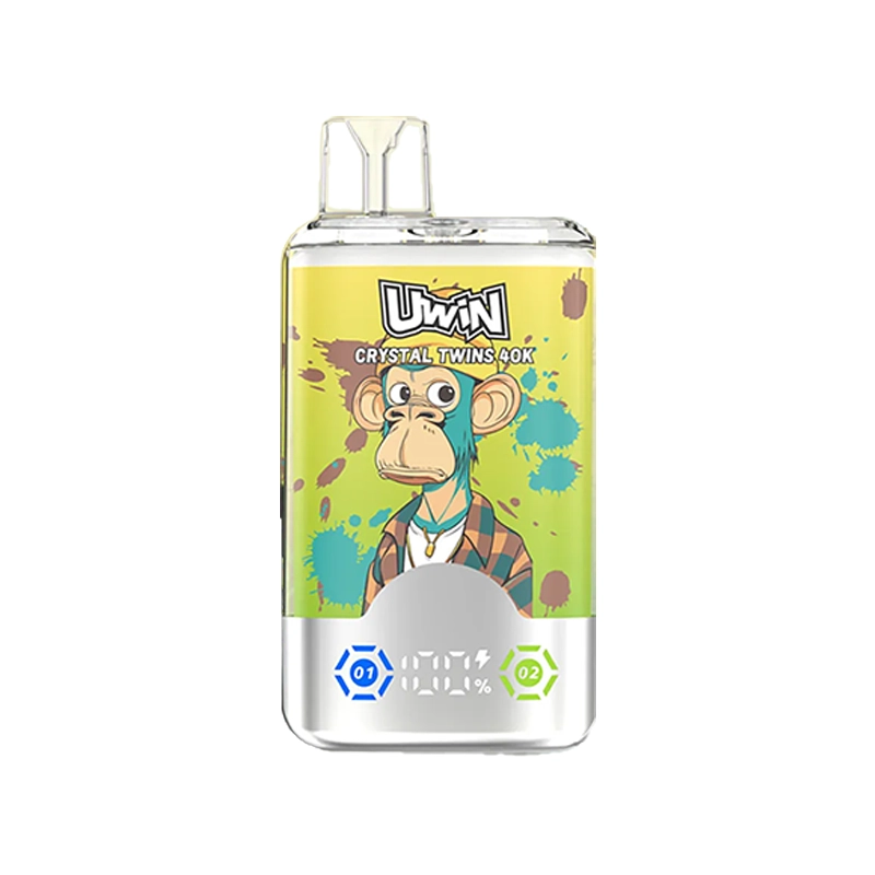 Uwin X RandM Twins Cristal 40K Puffs Vape Mayorista 12 Dispositivo de vapeo UWIN Crystal Twins 40K con una colorida ilustración de un mono y texto de marca.