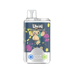 Uwin X RandM Twins Cristal 40K Puffs Vape Mayorista 27 Dispositivo de vapeo Uwin X RandM Twins Crystal 40K con un colorido mono de dibujos animados sobre un fondo azul con diseño de salpicaduras de pintura amarilla y rosa e indicadores de sabor para Kiwi Fruta de la Pasión Guayaba y Arándano Frambuesa.