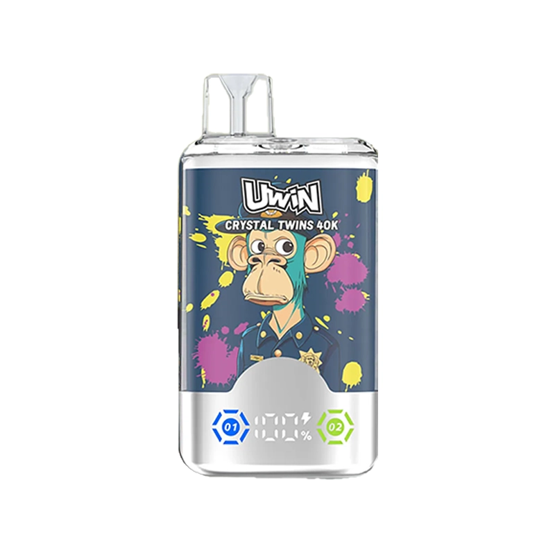 Uwin X RandM Twins Cristal 40K Puffs Vape Mayorista 11 Dispositivo de vapeo Uwin X RandM Twins Crystal 40K con un colorido mono de dibujos animados sobre un fondo azul con diseño de salpicaduras de pintura amarilla y rosa e indicadores de sabor para Kiwi Fruta de la Pasión Guayaba y Arándano Frambuesa.