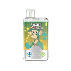 Uwin X RandM Twins Cristal 40K Puffs Vape Mayorista 26 Dispositivo de vapeo Uwin Crystal Twins 40K ilustrado con un colorido diseño de mono, con marca de sabor kiwi maracuyá guayaba.