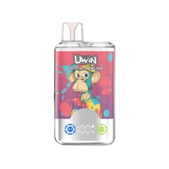 Uwin X RandM Twins Cristal 40K Puffs Vape Mayorista 25 Vapeador Uwin Crystal Twins 40K con un vibrante diseño de mono con elementos de graffiti sobre un fondo de melocotón, mango y cereza cola.