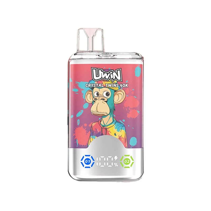 Uwin X RandM Twins Cristal 40K Puffs Vape Mayorista 9 Vapeador Uwin Crystal Twins 40K con un vibrante diseño de mono con elementos de graffiti sobre un fondo de melocotón, mango y cereza cola.