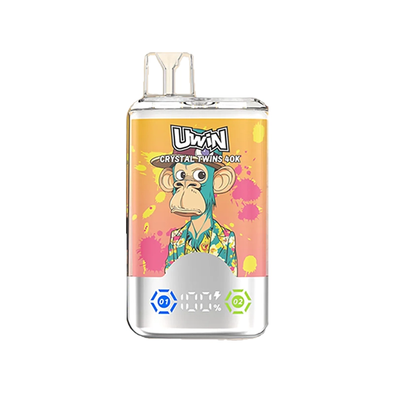 Uwin X RandM Twins Cristal 40K Puffs Vape Mayorista 8 Uwin branded vape cartridge with colorful cartoon ape design, labeled 'Crystal Twins 40K', displaying flavor options Peach Mango Pineapple and Red Bull.