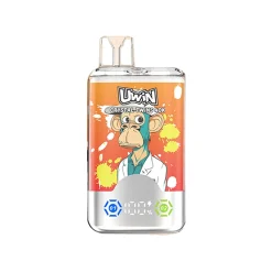 Uwin X RandM Twins Cristal 40K Puffs Vape Mayorista 23 Vapeador Uwin Crystal Twins 40K con fondo naranja vibrante que muestra un mono de dibujos animados con bata blanca de laboratorio, junto con indicadores digitales para ajustes de sabor duales.